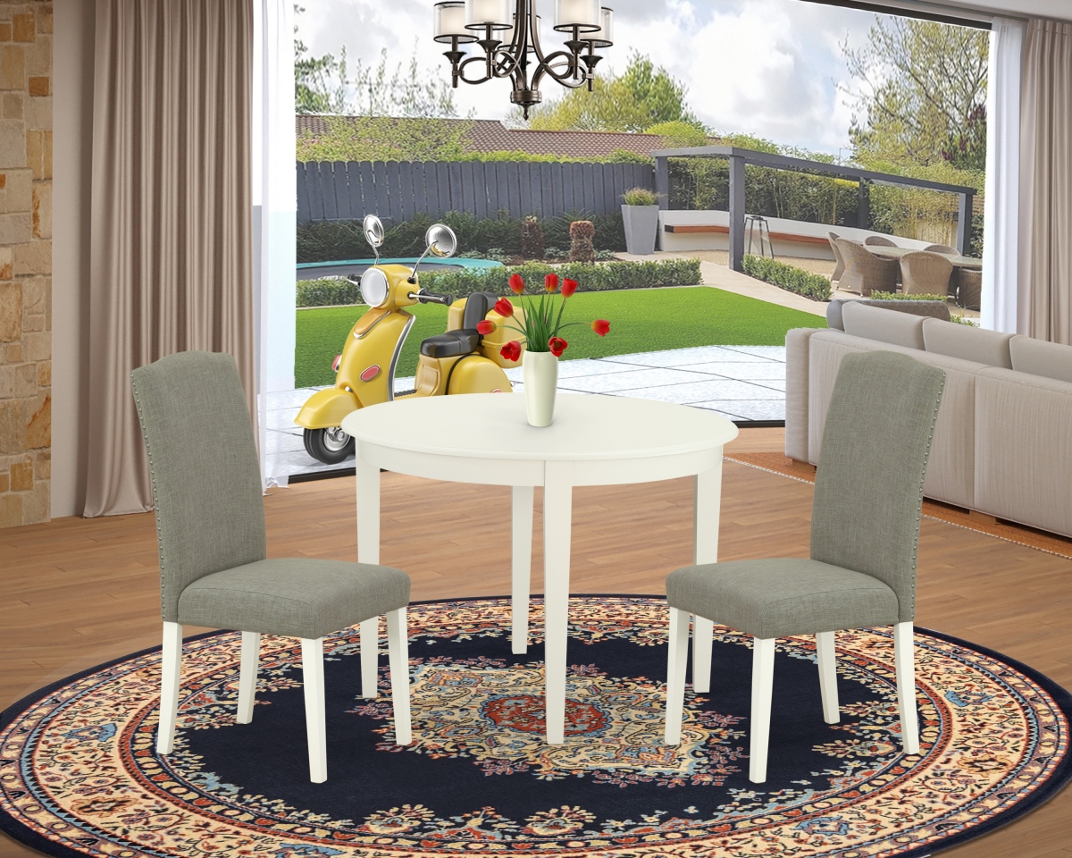42 in. Boston Round Table & Two Parson Chair with Linen White Leg & Linen Fabric - Dark Shitake, 3 Piece