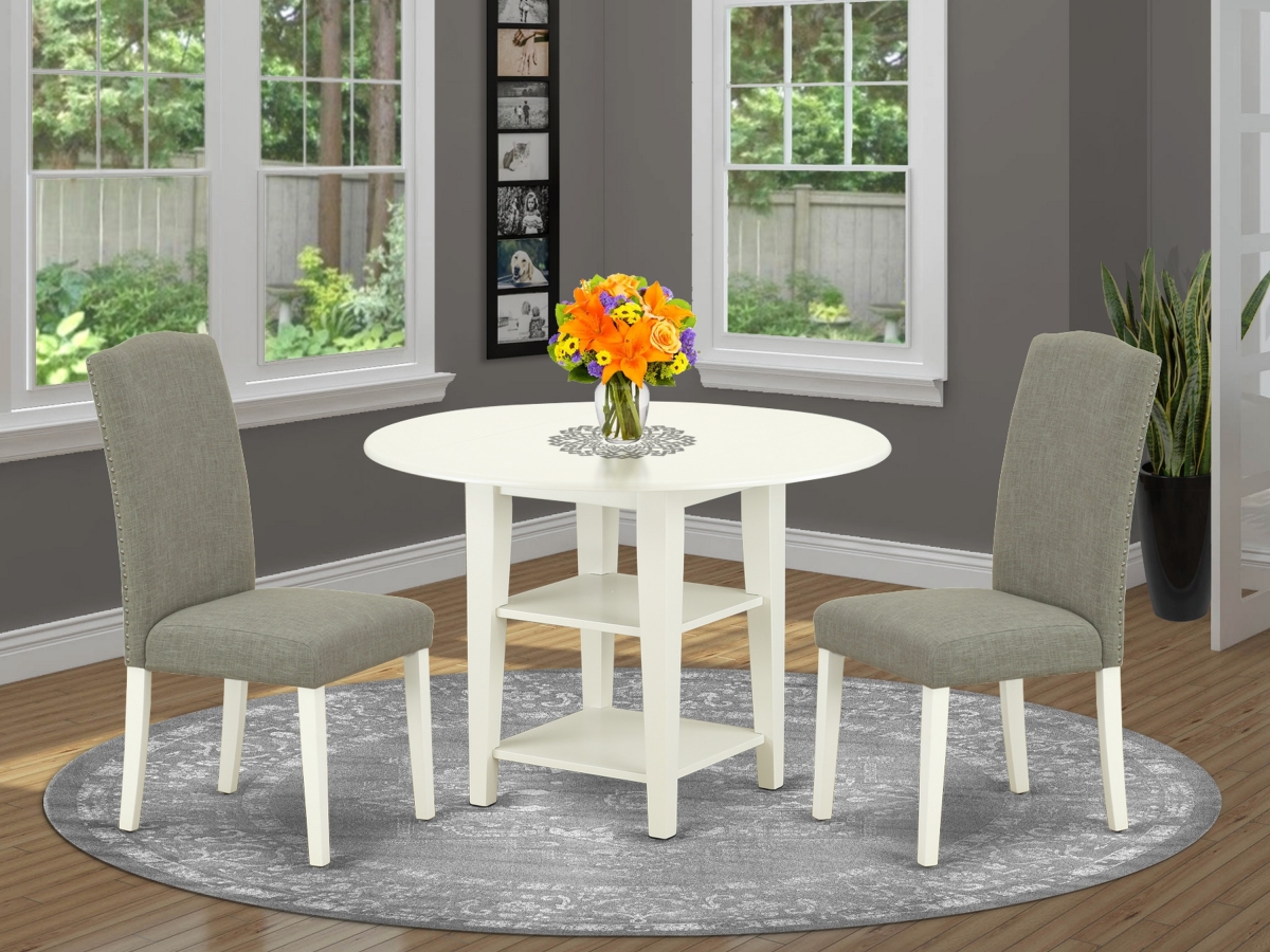 20-42 in. Sudbury Round Table with Two 11 in. Drop Leaves & 2 Parson Chair with Linen White Leg & Linen Fabric - Dark Shitake, 3 Piece