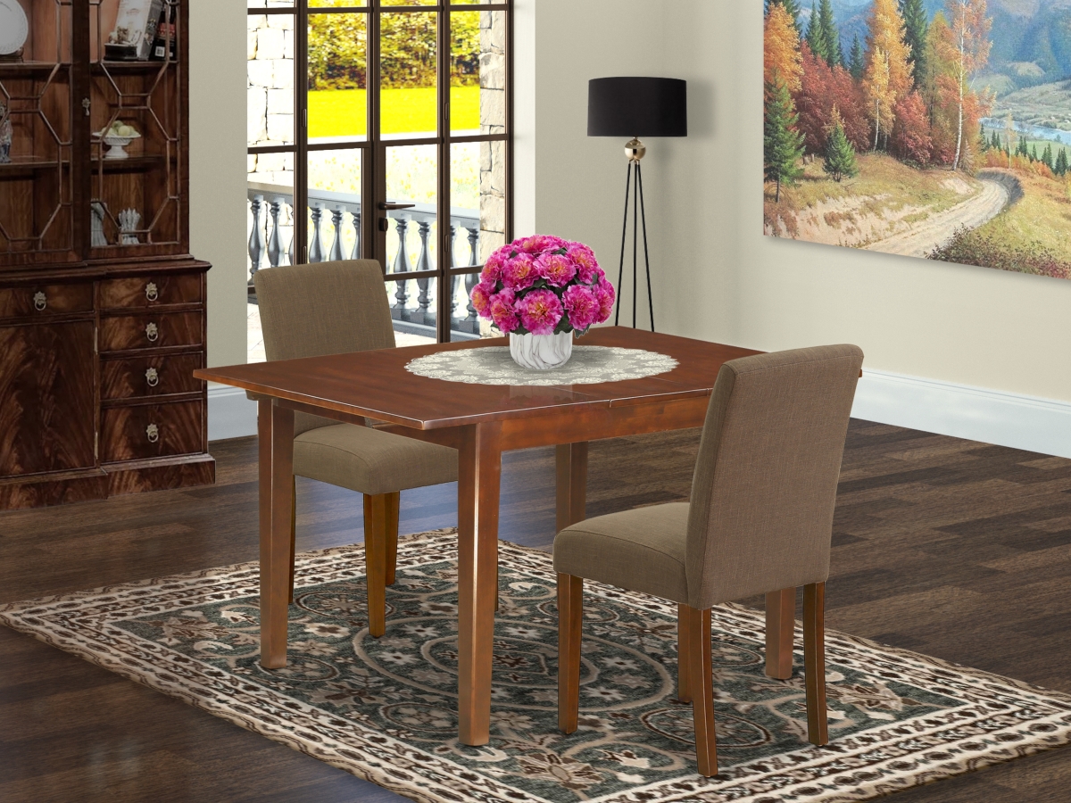 42-54 in. Milan Rectangular Table with 12 in. Leaf & Two Parson Chair with Mahogany Leg & Linen Fabric - Coffee, 3 Piece
