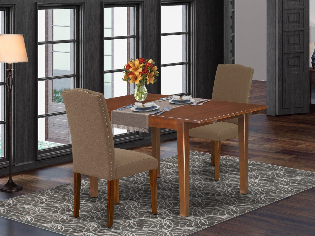 42-54 in. Milan Rectangular Dining Room Table with 12 in. Butterfly Leaf & Parson Chair with Mahogany Leg & Linen Fabric - Dark Coffee, 3 Piece