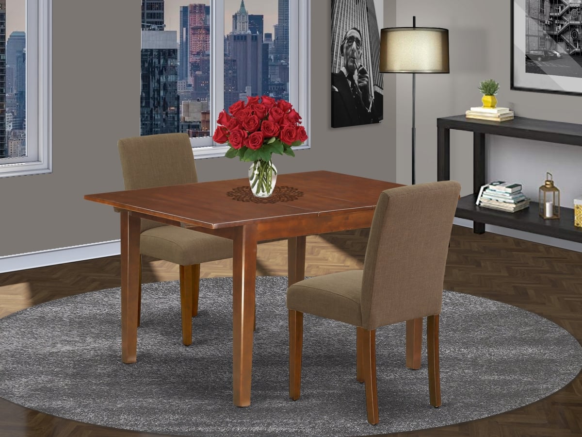 42-53.5 in. Norfolk Rectangle Dinette Table with 12 in. Butterfly Leaf & Parson Chair with Mahogany Leg & Linen Fabric - Coffee, 3 Piece