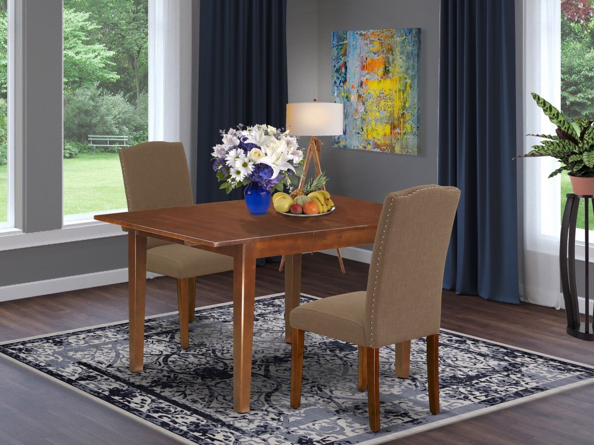 42-53.5 in. Norfolk Rectangular Table with 12 in. Butterfly Leaf & Parson Chair with Mahogany Leg & Linen Fabric - Dark Coffee, 3 Piece