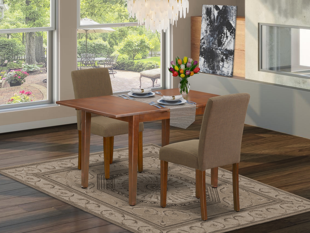 PSAB3-MAH-18 48-60 in. Picasso Rectangle Kitchen Table with 12 in. Leaf & Parson Chair with Mahogany Leg & Linen Fabric - Coffee, 3 Piece