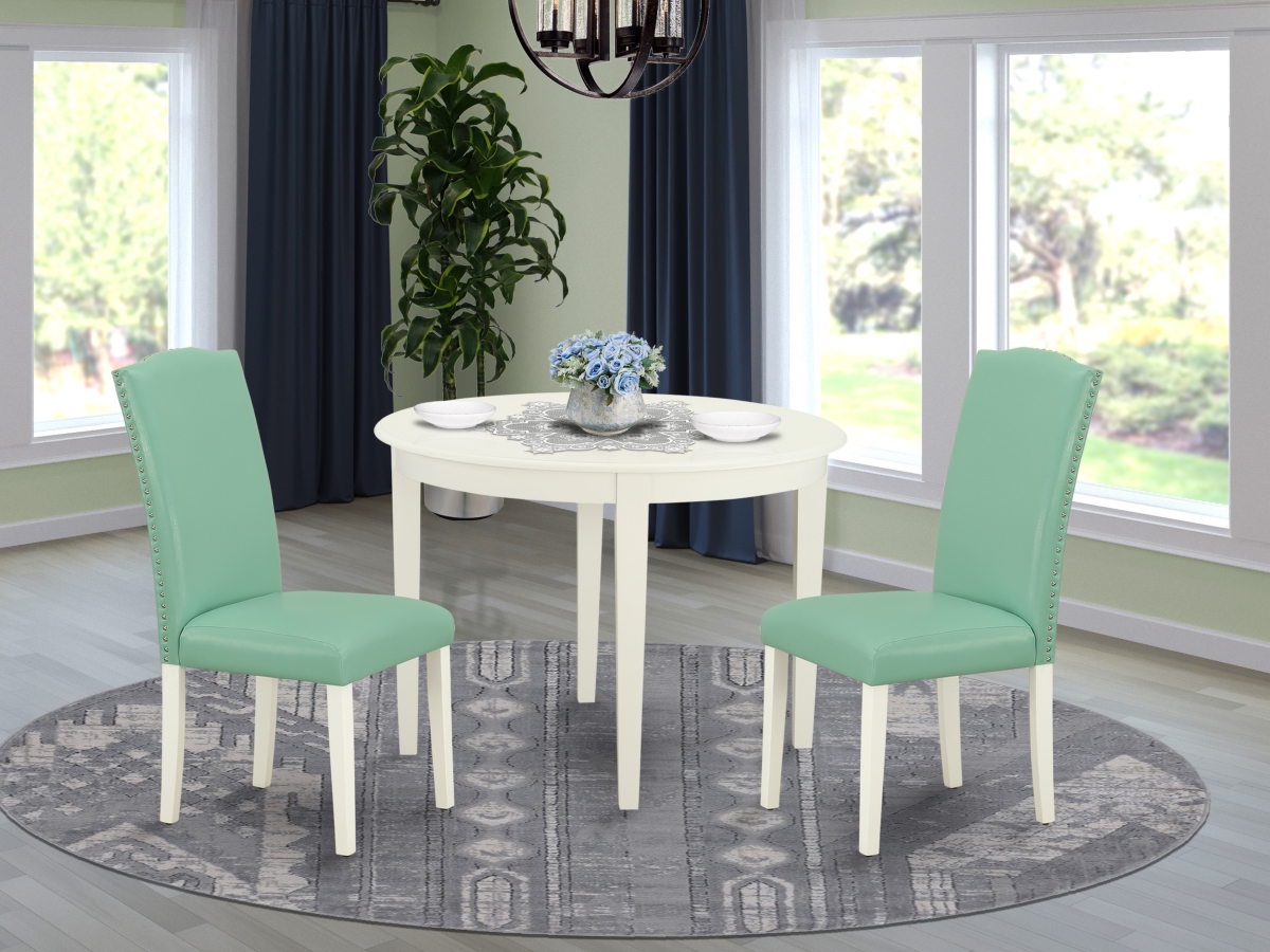 42 in. Boston Round Table & Two Parson Chair with Linen White Leg & Pu Leather - Pond, 3 Piece