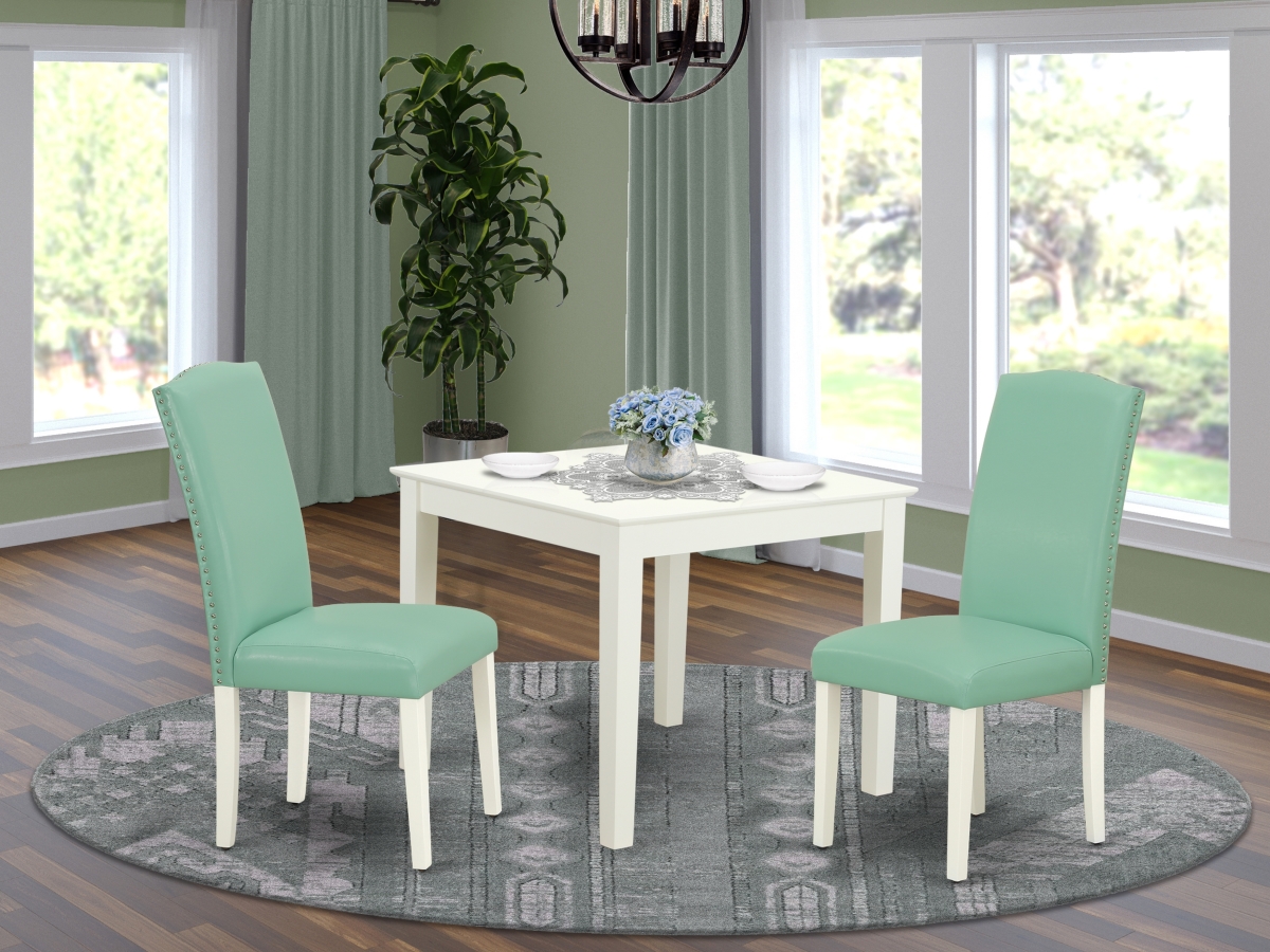OXEN3-LWH-57 36 in. Oxford Square Table & Parson Chair with Linen White Leg & Pu Leather - Pond, 3 Piece