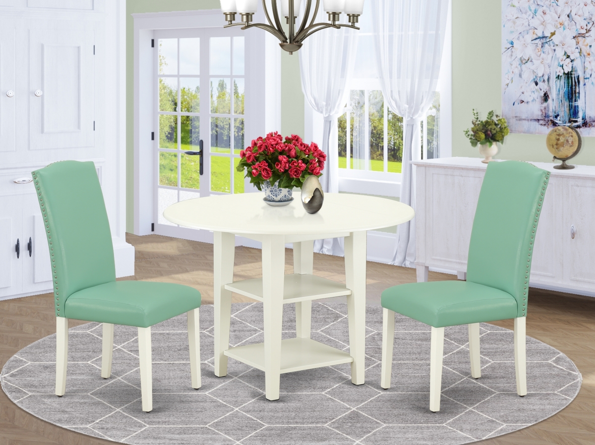 20-42 in. Sudbury Round Table with Two 11 in. Drop Leaves & 2 Parson Chair with Linen White Leg & Pu Leather - Pond, 3 Piece
