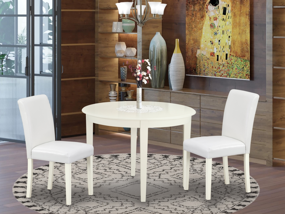 42 in. Boston Round Table & Two Parson Chair with Linen White Leg & Pu Leather - White, 3 Piece