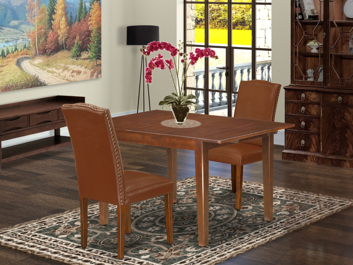 42-54 in. Milan Rectangular Dining Room Table with 12 in. Butterfly Leaf & Parson Chair with Mahogany Leg & Brown Flaux Leather, 3 Piece