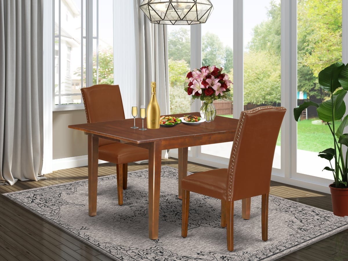 42-53.5 in. Norfolk Rectangular Table with 12 in. Butterfly Leaf & Parson Chair with Mahogany Leg & Brown Flaux Leather, 3 Piece