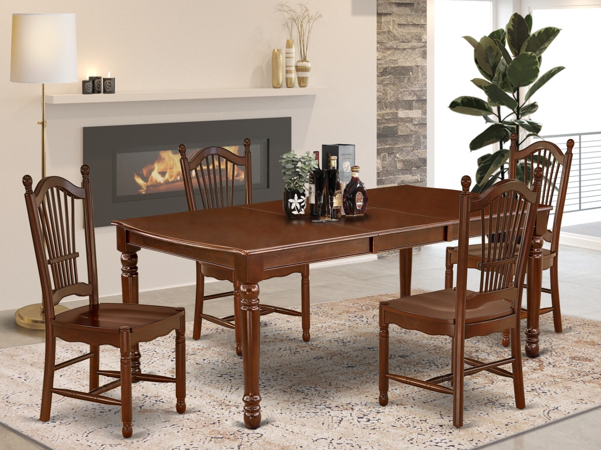 60-78 in. Dover Rectangular Dining Room Table with 18 in. Butterfly Leaf & Four Wood Seat Chairs - Mahogany, 5 Piece