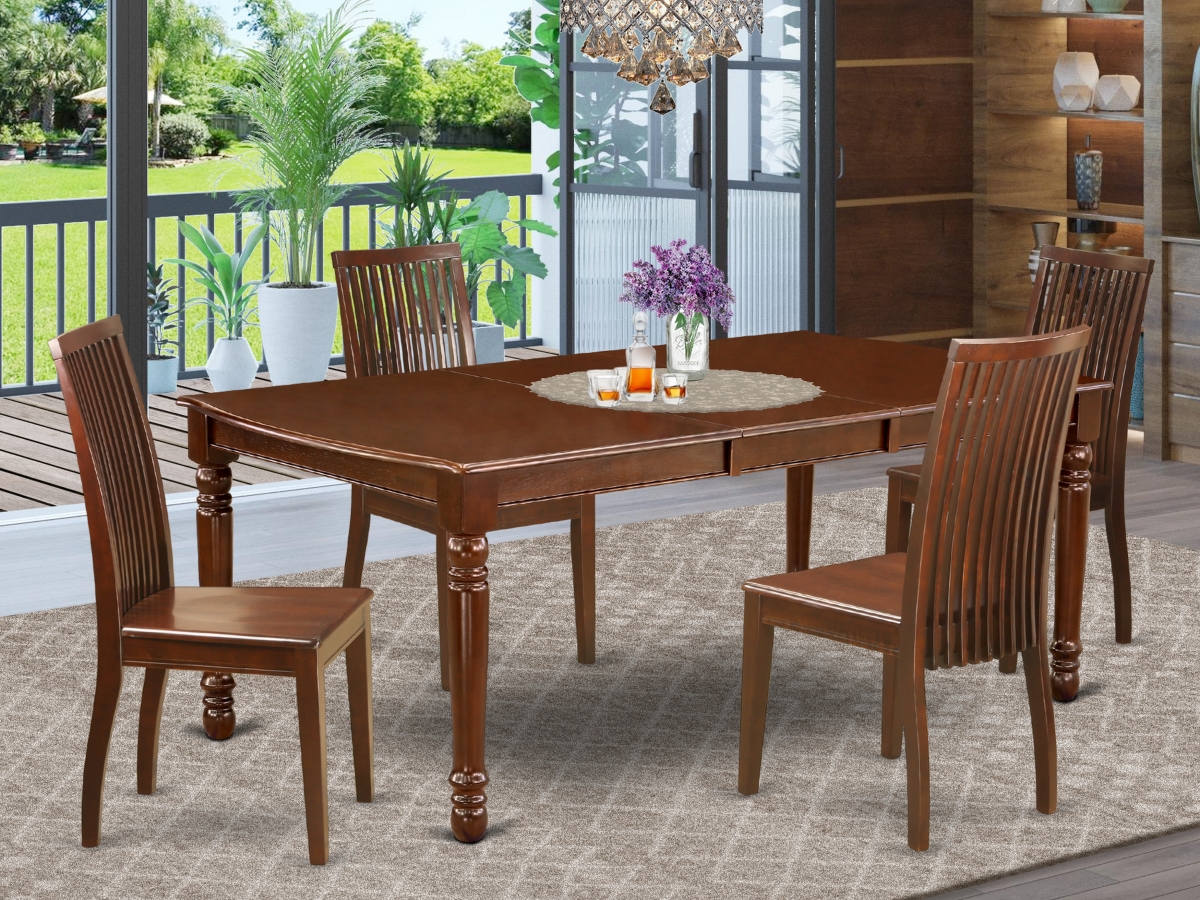 60-78 in. Dover Rectangle Dining Room Table with 18 in. Self Storing Butterfly Leaf & 4 Wood Seat Dining Chairs - Mahogany, 5 Piece