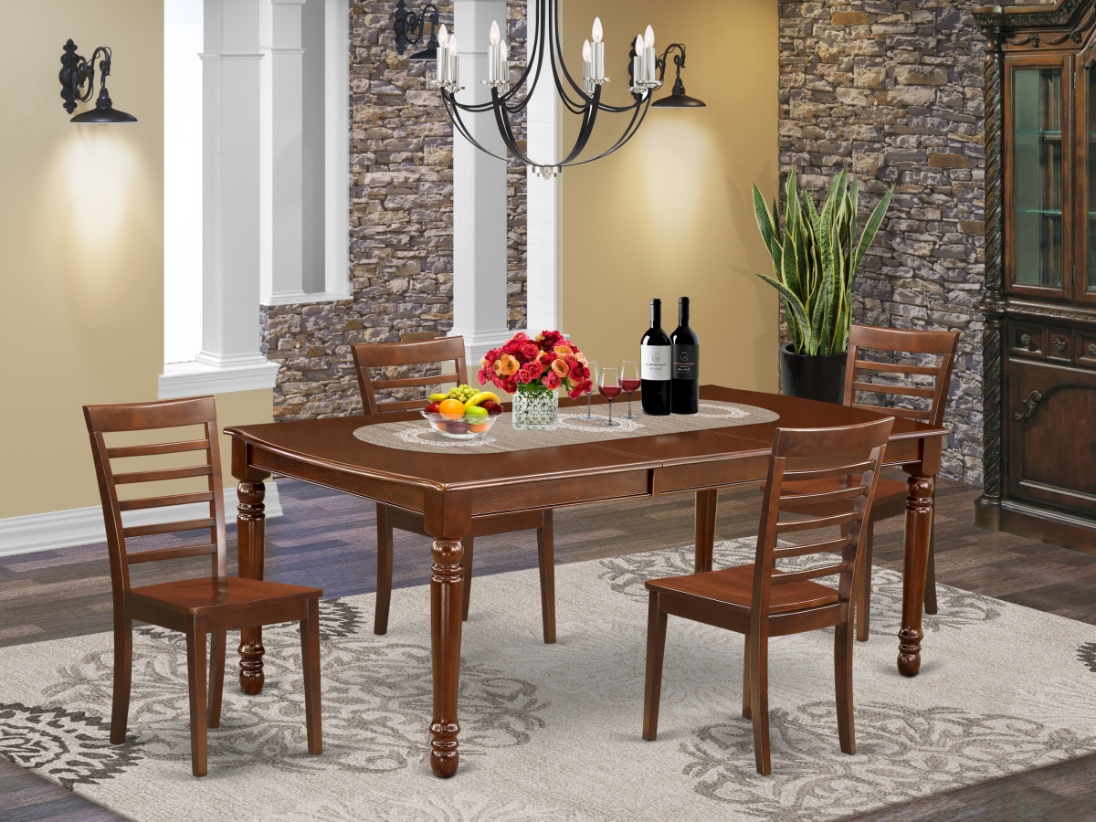 60-78 in. Dover Rectangle Family Table with 18 in. Leaf & 4 Wood Seat Dining Chairs - Mahogany, 5 Piece