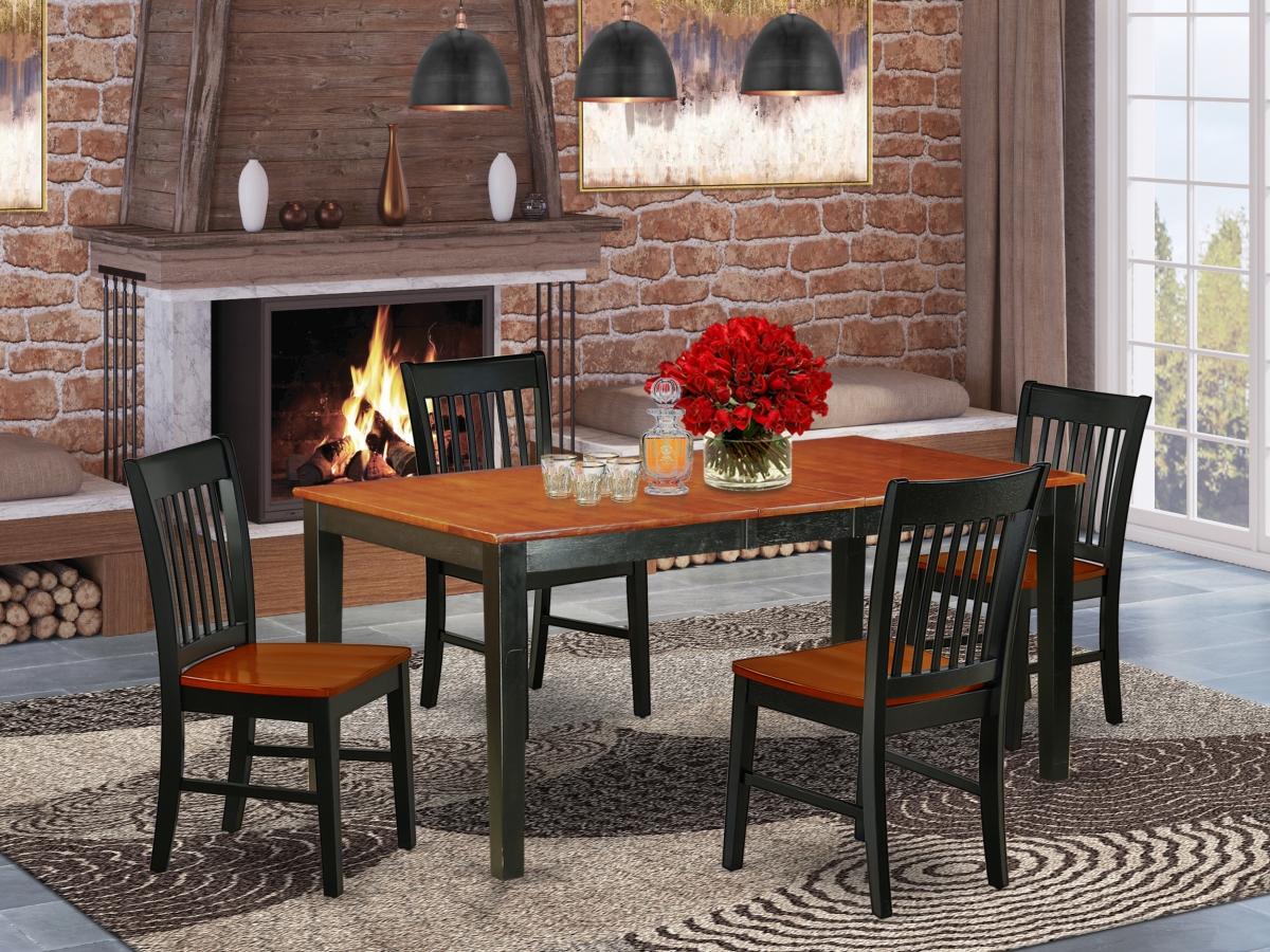 54-66 in. Nicoli Rectangle Table with 12 in. Self Storing Butterfly Leaf & Four Wood Seat Dining Chairs - Black & Cherry, 5 Piece