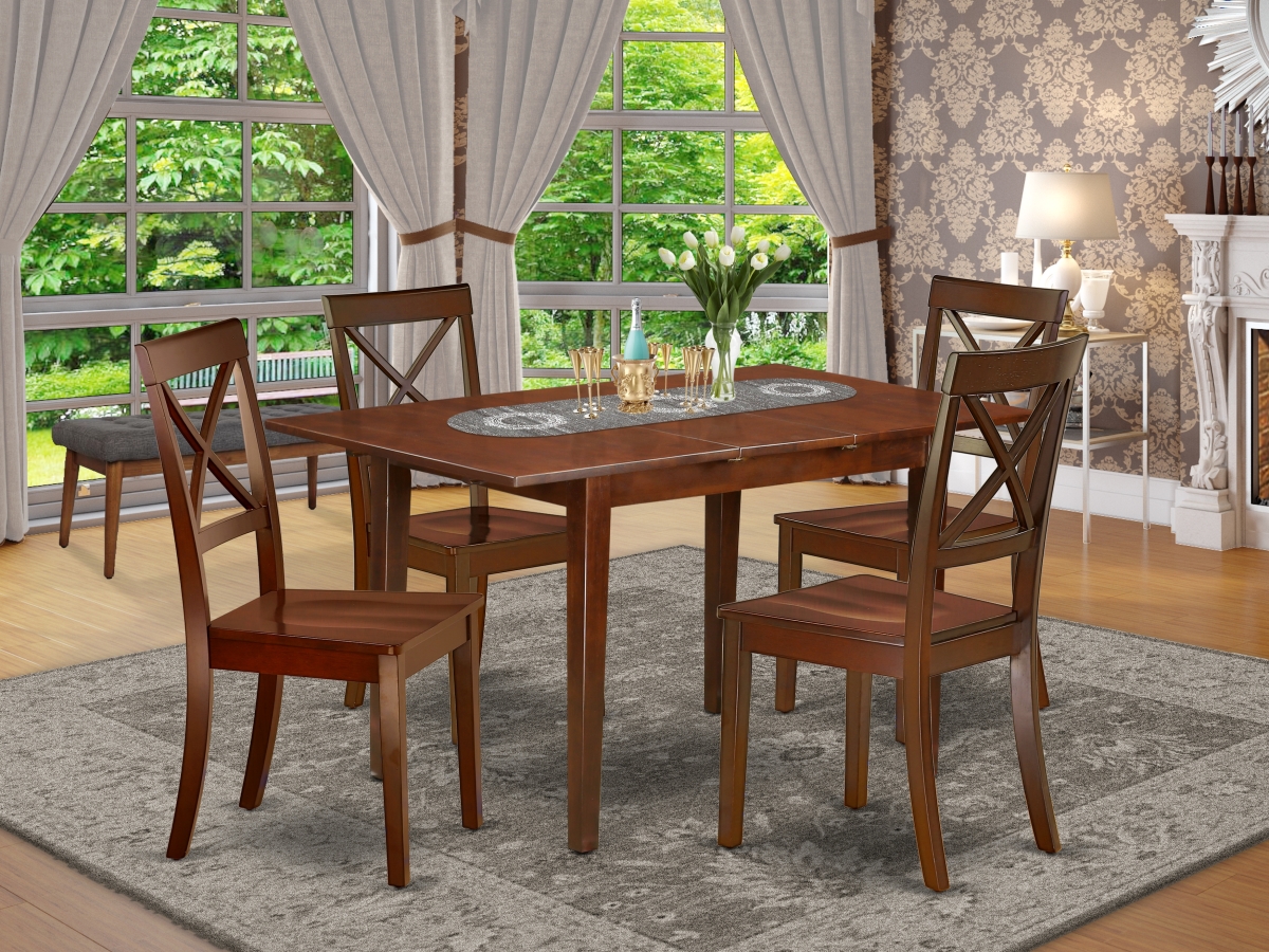 NOBO5-MAH-W 42-53.5 in. Norfolk Rectangular Dinner Table with 12 in. Leaf & Four Wood Seat Chairs - Mahogany, 5 Piece