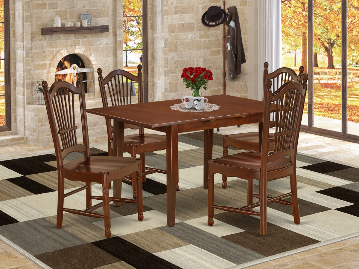 42 & 53.5 in. Norfolk Rectangle Dinner Table with 12 in. Leaf & 4 Wood Seat Chairs - Mahogany, 5 Piece