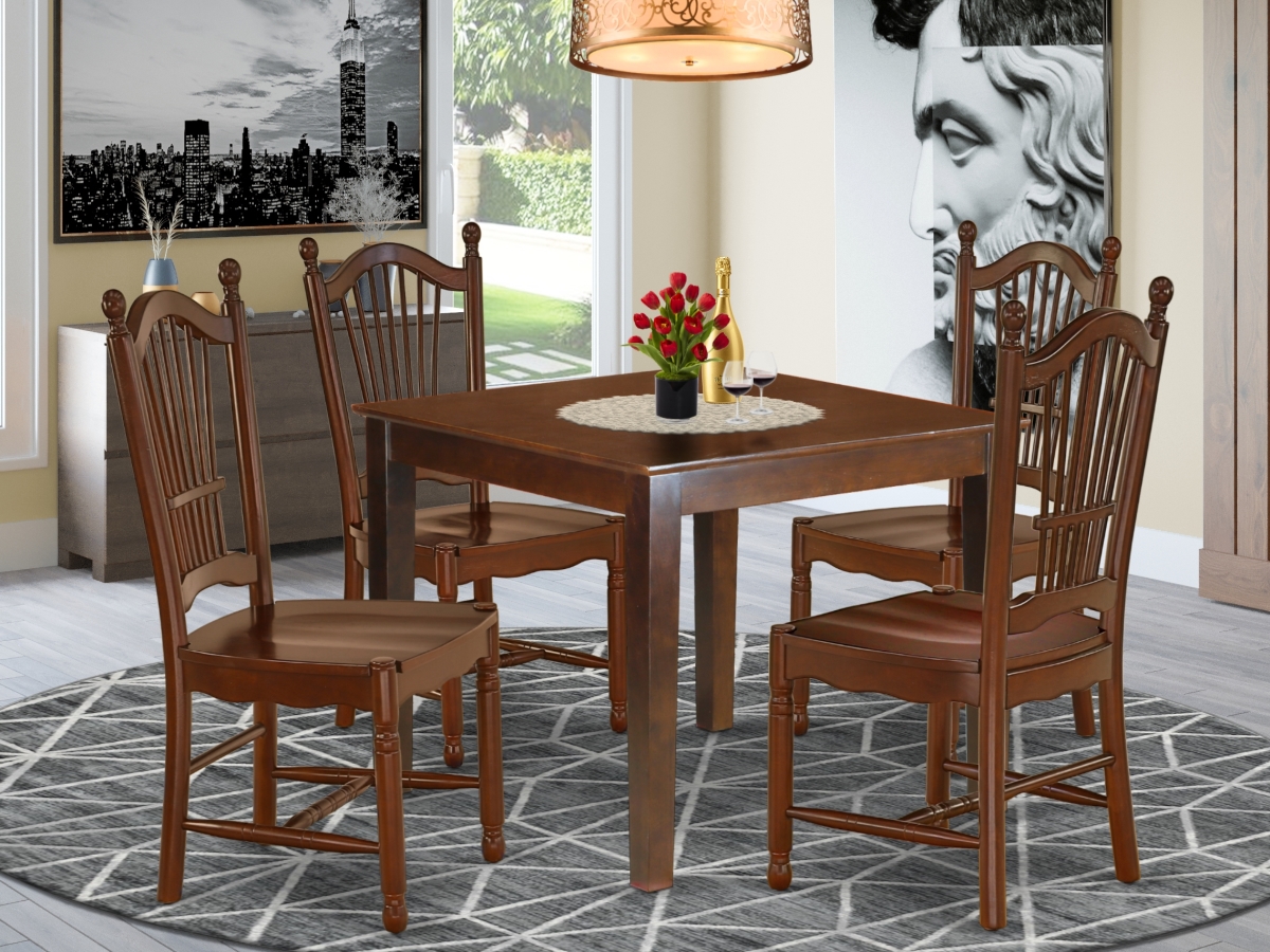 36 in. Oxford Square Dinner Table & Four Wood Seat Kitchen Chairs - Mahogany, 5 Piece