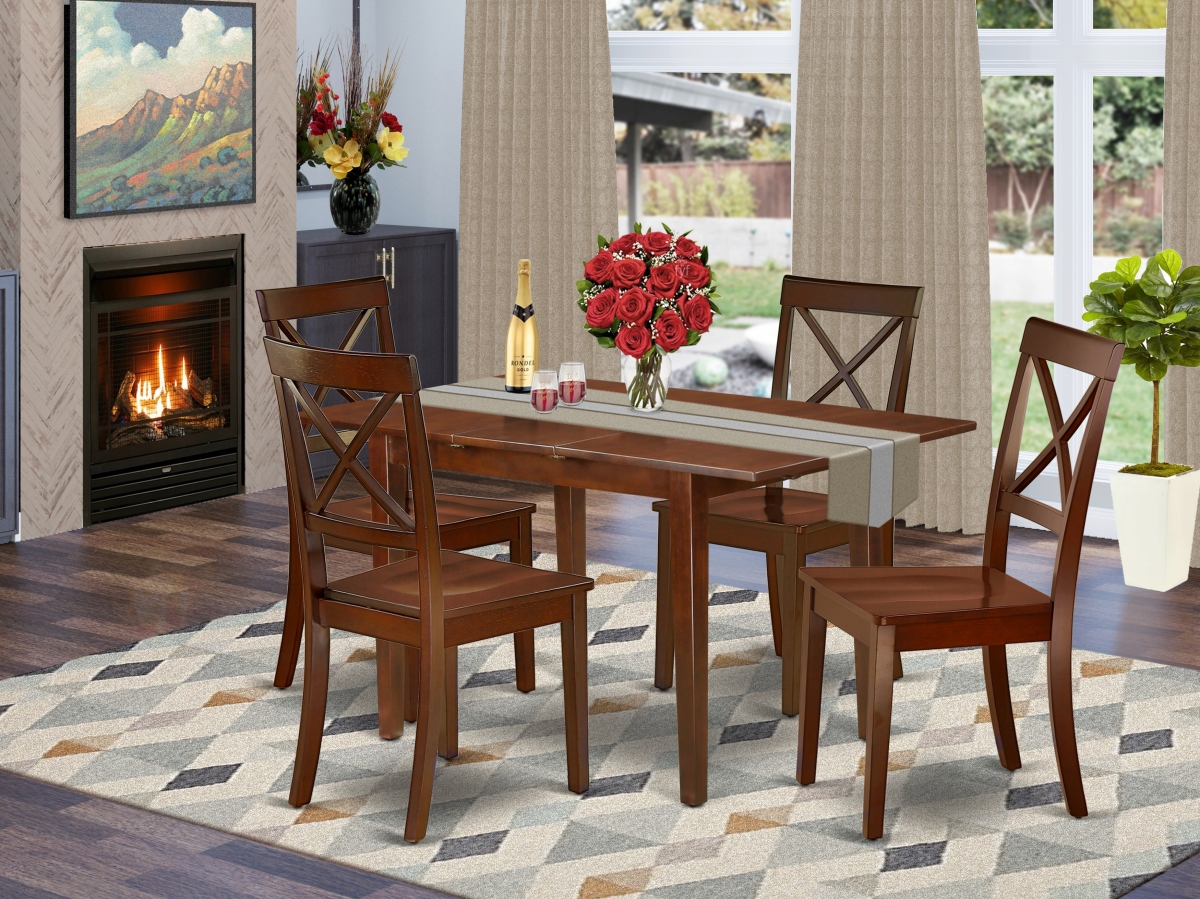 PSBO5-MAH-W 48-60 in. Picasso Rectangle Dinner Table with 12 in. Butterfly Leaf & 4 Wood Seat Kitchen Chairs - Mahogany, 5 Piece