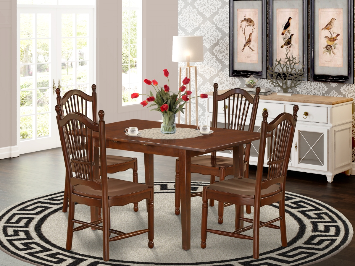 48-60 in. Picasso Rectangular Kitchen Table with 12 in. Self Storing Butterfly Leaf & Four Wood Seat Dining Chairs - Mahogany, 5 Piece