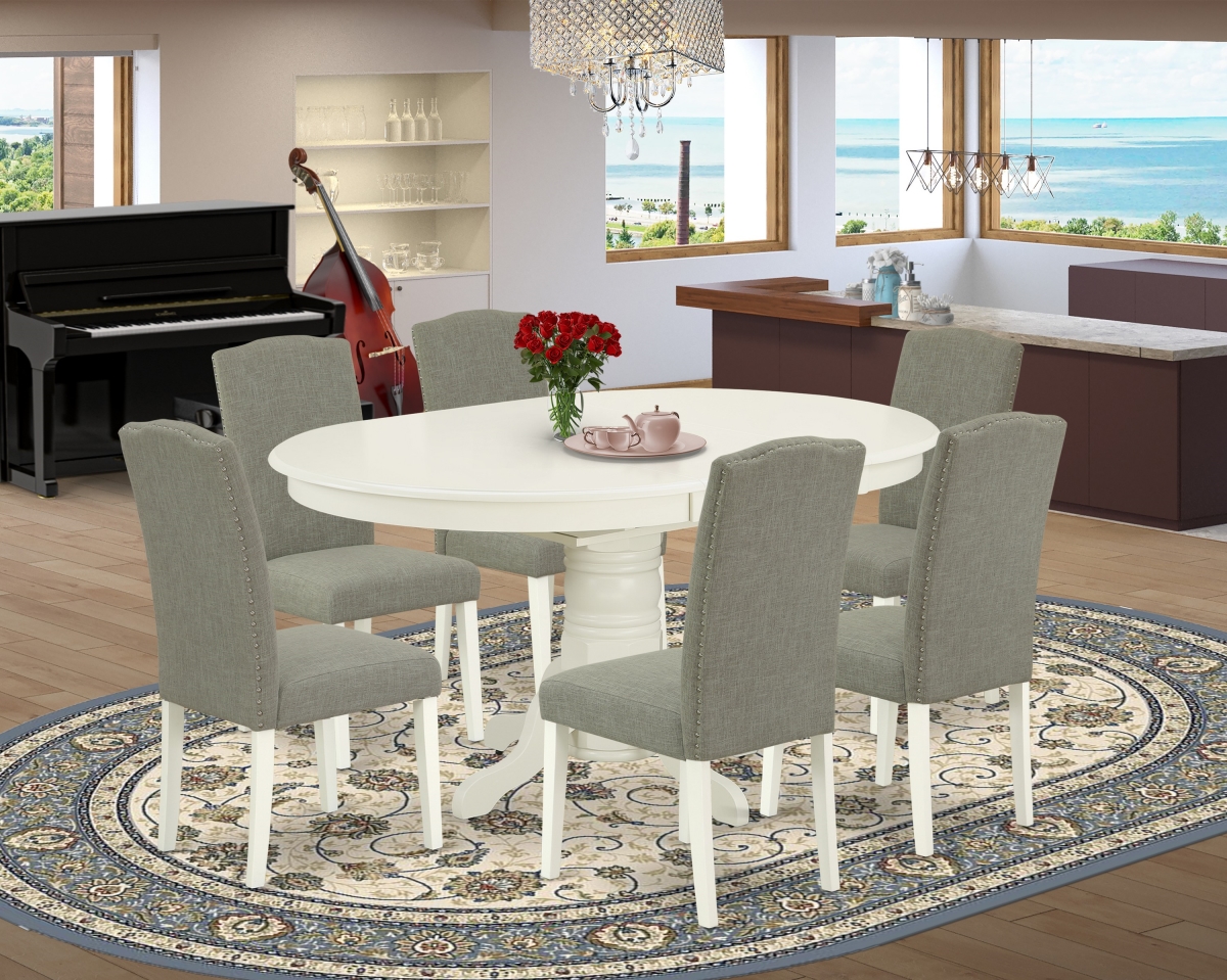 42-60 in. Avon Oval Dinette Table with 18 in. Butterfly Leaf & 6 Parson Chair with Linen White Leg & Linen Fabric - Dark Shitake, 7 Piece