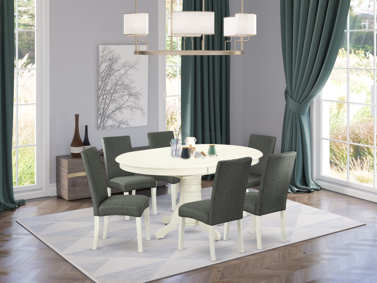 AVDR7-LWH-07 42-60 in. Avon Oval Dinette Table with 18 in. Butterfly Leaf & 6 Parson Chair with Linen White Leg & Linen Fabric - Gray, 7 Piece