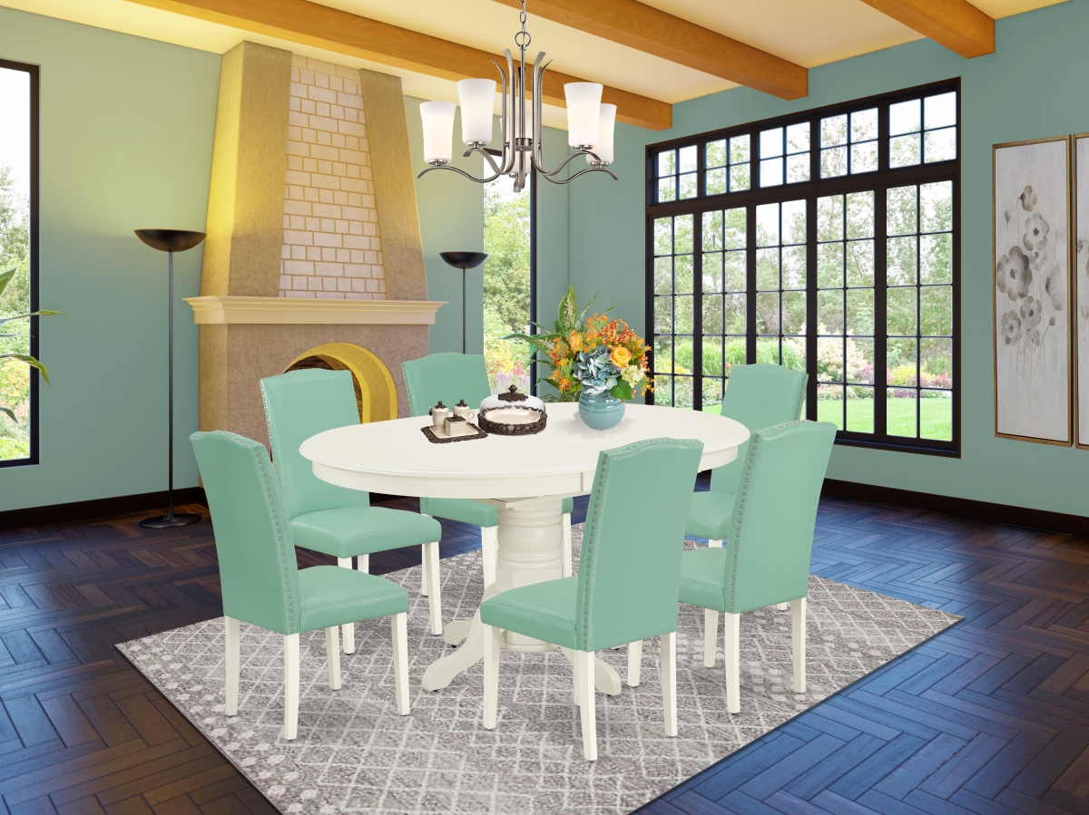 AVEN7-LWH-57 42-60 in. Avon Oval Dinette Table with 18 in. Butterfly Leaf & 6 Parson Chair with Linen White Leg & Pu Leather - Pond, 7 Piece