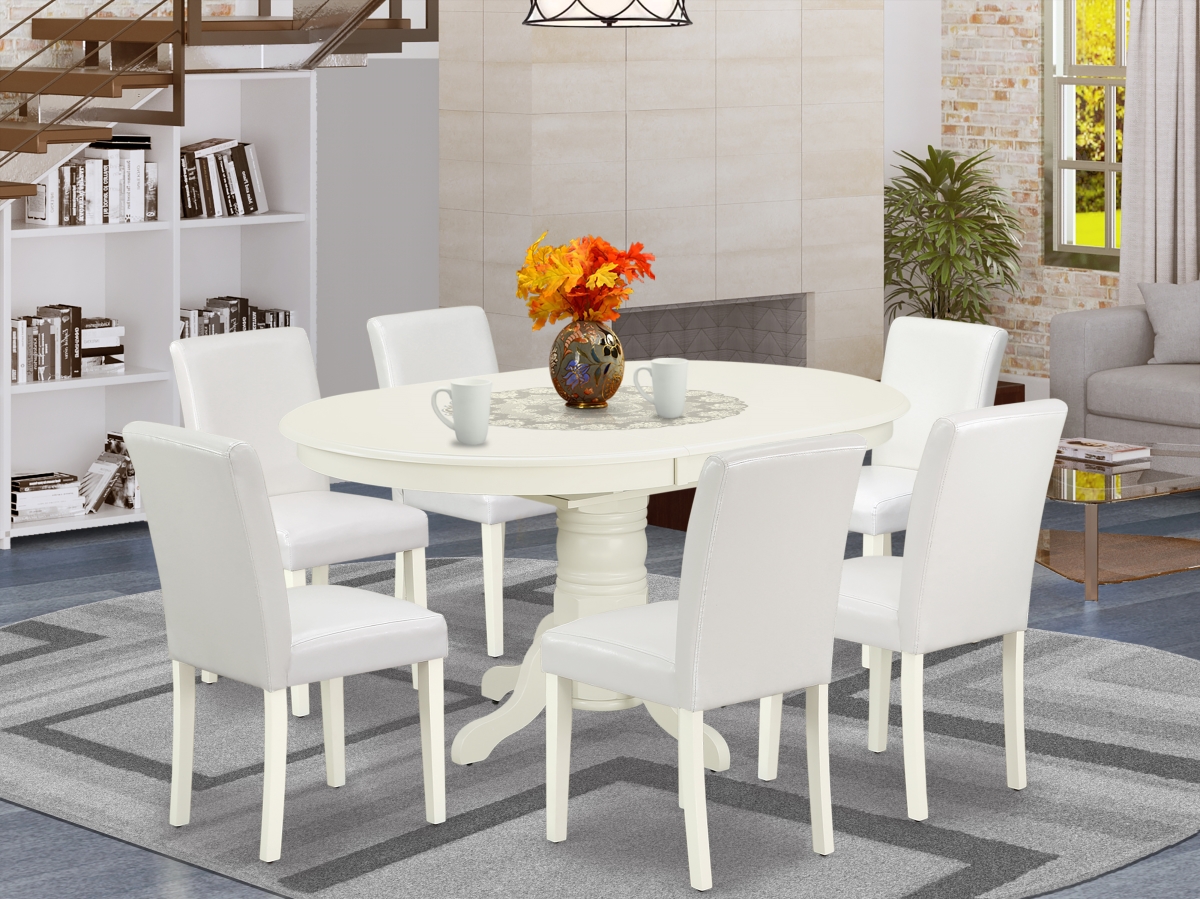 AVAB7-LWH-64 42-60 in. Avon Oval Dinette Table with 18 in. Butterfly Leaf & 6 Parson Chair with Linen White Leg & Pu Leather - White, 7 Piece