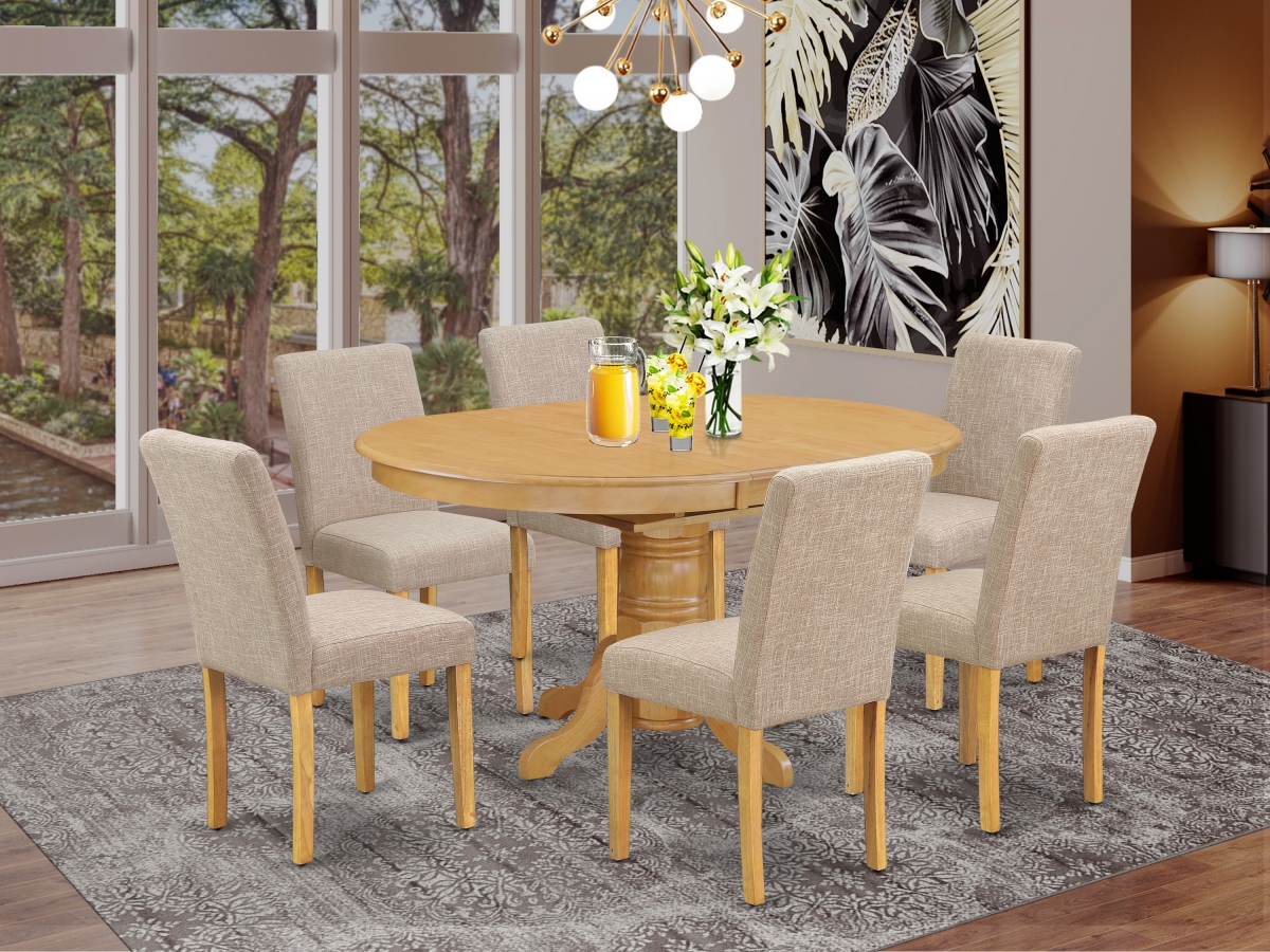 AVAB7-OAK-04 42-60 in. Avon Oval Dinette Table with 18 in. Butterfly Leaf & 6 Parson Chair with Oak Leg & Linen Fabric - Light Fawn, 7 Piece