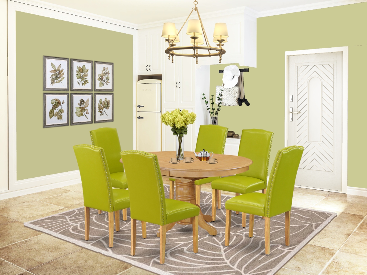 AVEN7-OAK-51 42-60 in. Avon Oval Dinette Table with 18 in. Butterfly Leaf & 6 Parson Chair with Oak Leg & Pu Leather - Autumn Green, 7 Piece