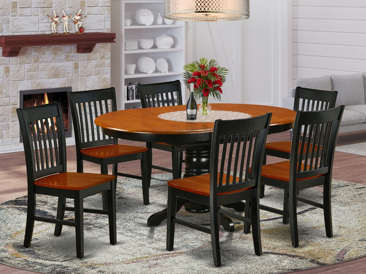 KENO7-BCH-W 42-60 in. Kenley Oval Family Table with 18 in. Leaf & 6 Wood Seat Dining Chairs - Black & Cherry, 7 Piece