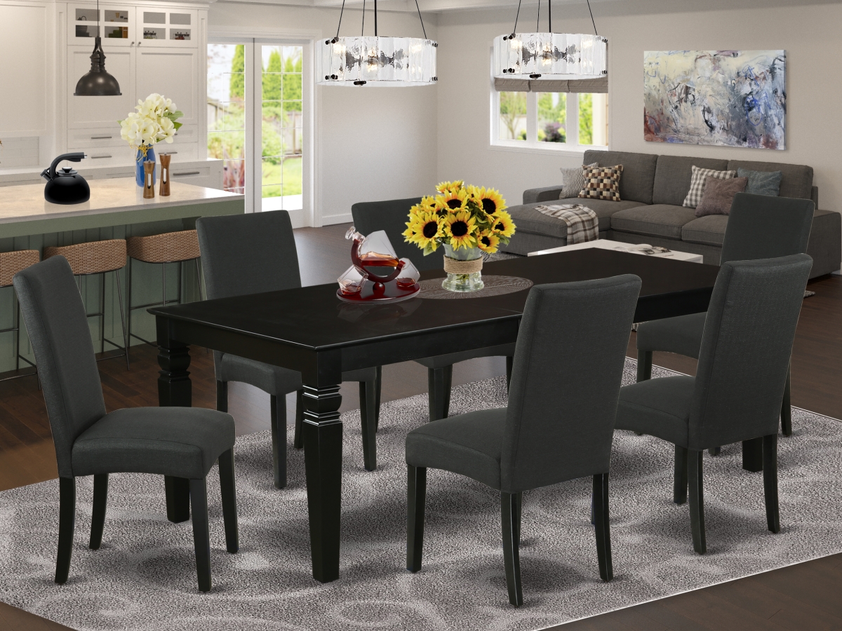 66-84 in. Logan Rectangle Kitchen Table with 18 in. Self Storing Butterfly Leaf & Six Parson Chair with Black Leg & Linen Fabric - Black, 7 Piece