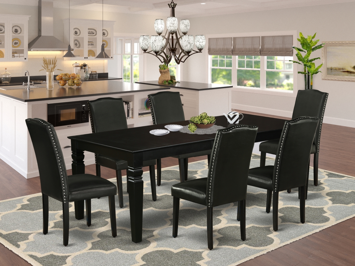 66-84 in. Logan Rectangle Kitchen Table with 18 in. Self Storing Butterfly Leaf & Six Parson Chair with Black Leg & Pu Leather - Black, 7 Piece