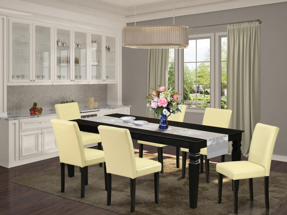 66-84 in. Logan Rectangle Kitchen Table with 18 in. Self Storing Butterfly Leaf & Six Parson Chair with Black Leg & Pu Leather - Eggnog, 7 Piece