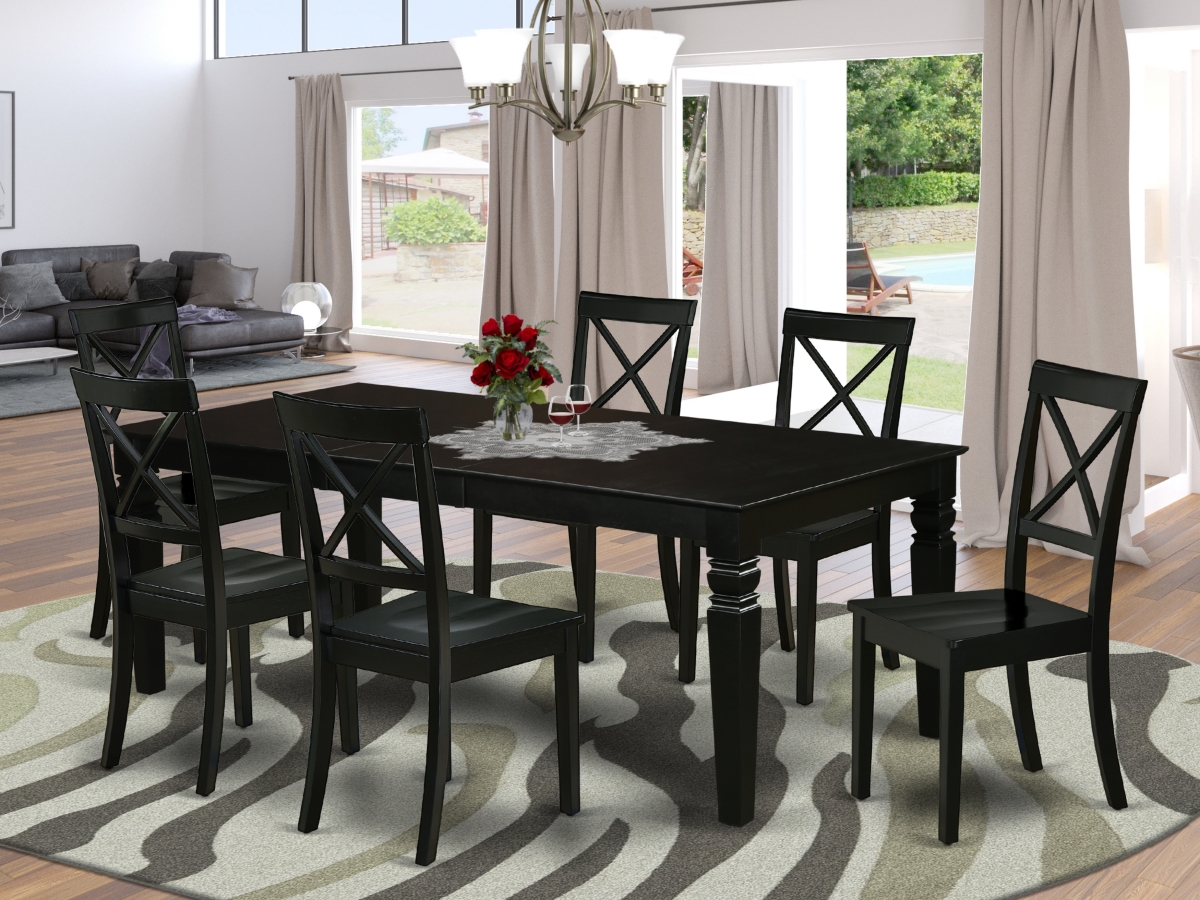 LGBO7-BLK-W 66-84 in. Logan Rectangular Dining Table with 18 in. Self Storing Butterfly Leaf & Six Wood Seat Dining Chairs - Black, 7 Piece