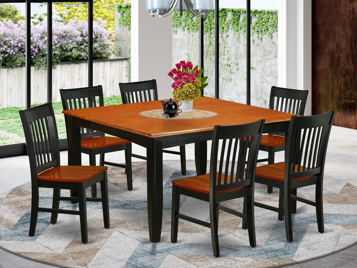 PFNO7-BCH-W 36-54 in. Parfait Square Family Table with 18 in. Self Storing Butterfly Leaf & Six Wood Seat Dining Chairs - Black & Cherry, 7 Piece