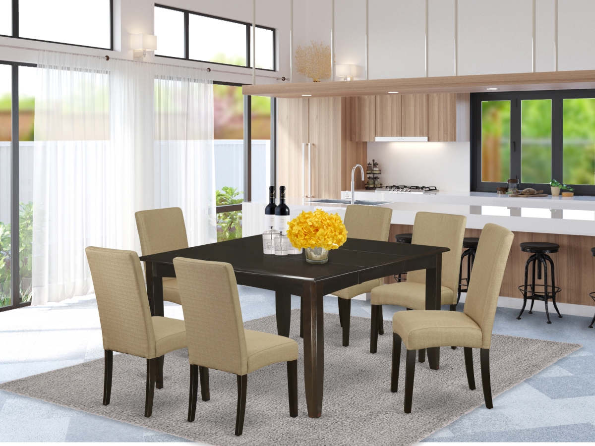 PFDR7-CAP-03 36-54 in. Parfait Square Kitchen Table with 18 in. Leaf & 6 Parson Chair with Cappuccino Leg & Linen Fabric - Brown, 7 Piece