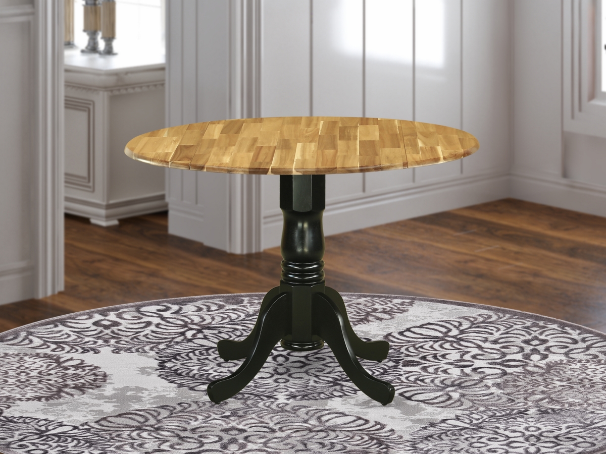 42 in. Dublin Round Acacia Wood Dining Table with Two 9 in. Drop Leaves & Wirebrushed Black Pedestal