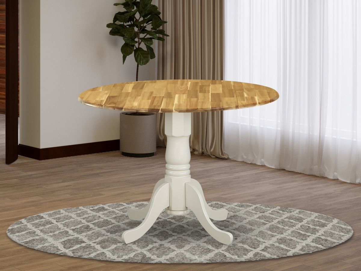 42 in. Dublin Round Acacia Wood Dining Table with Two 9 in. Drop Leaves & Linen White Pedestal