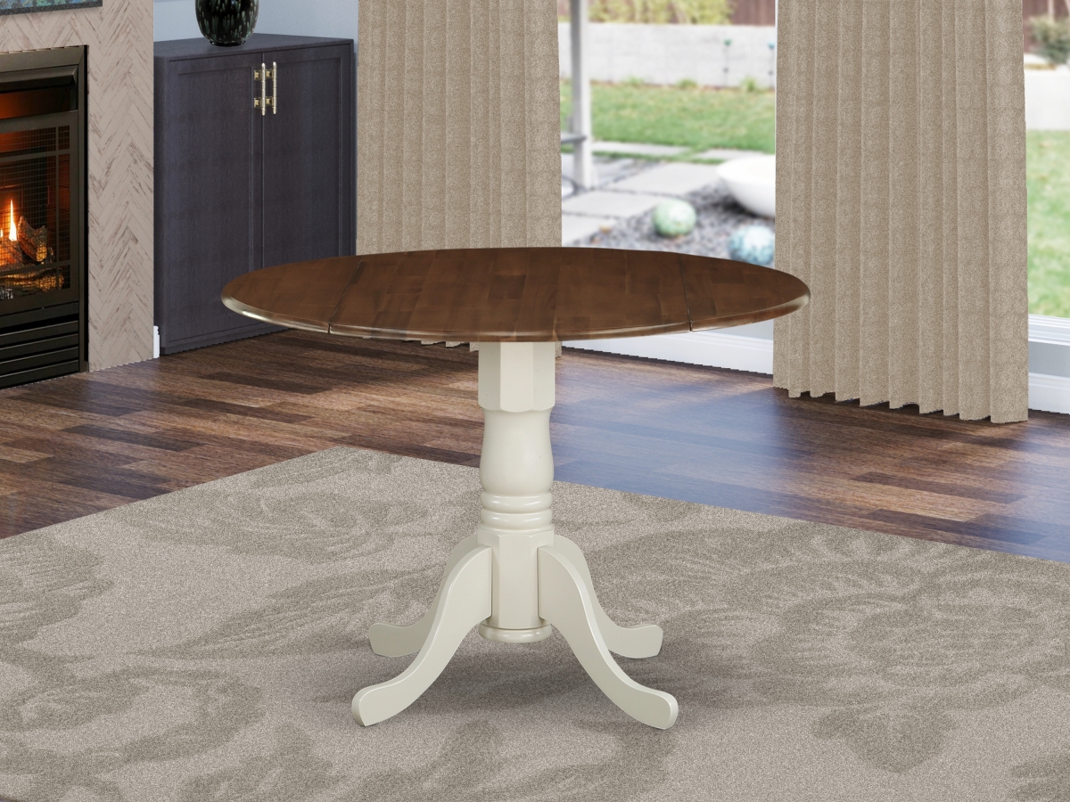 42 in. Dublin Round Rubber Wood Walnut Dining Table with Two 9 in. Drop Leaves & Linen White Pedestal