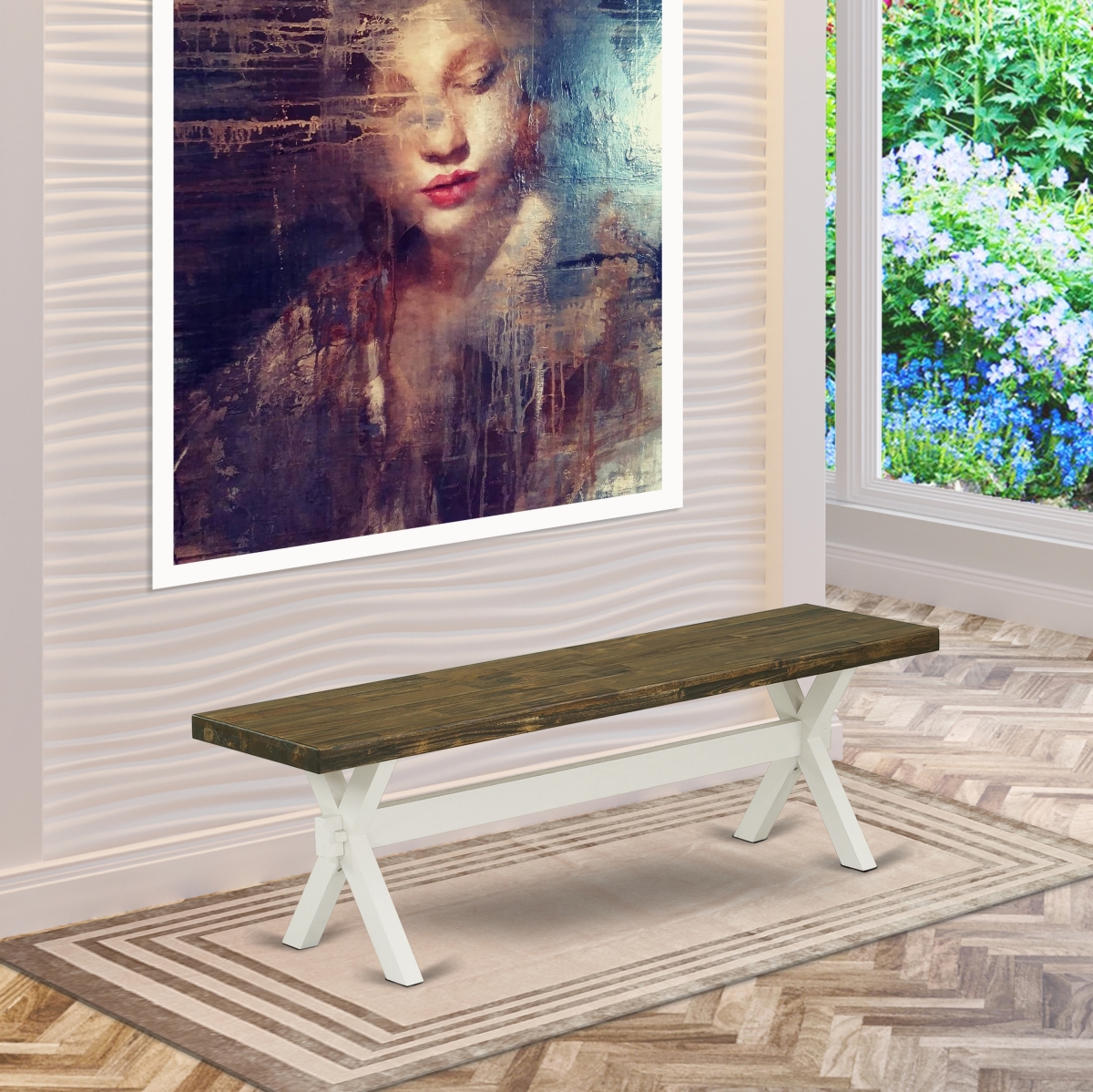 15 x 60 in. X-Style Dining Bench with Wirebrushed Linen White Leg & Distressed Jacobean 418 Top