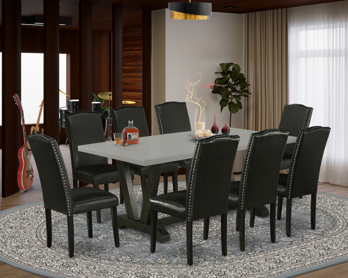 9 Piece V-Style Dining Room Table Set - Black & Cement