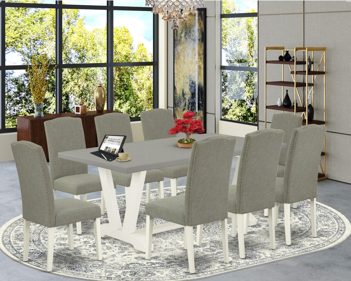9 Piece V-Style Fashionable Dining Set - Dark Shitake, Cement & Linen White