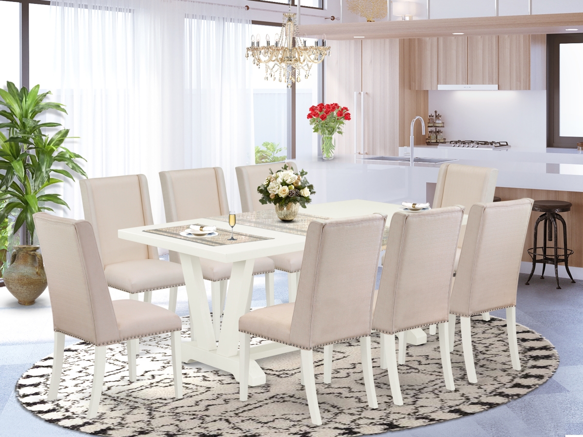 9 Piece V-Style Modern Dinette Set - Cream & Linen White
