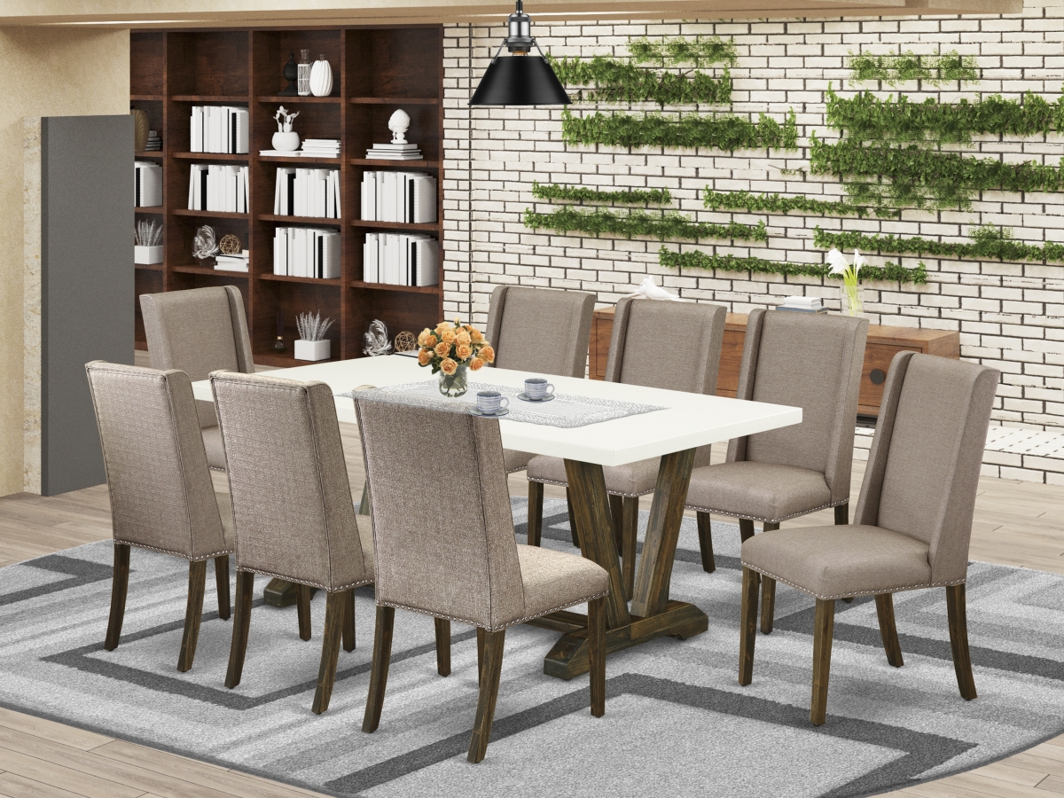 9 Piece V-Style Modern Dining Table Set - Dark Khaki
