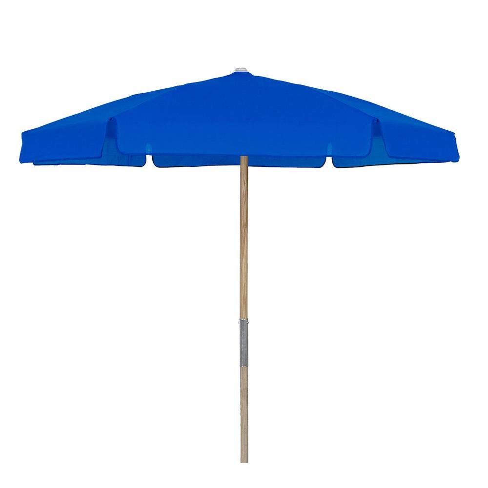 7.5 ft. Hex Beach Umbrella 6 Rib Push Up Natural Oak with Pacific Blue Vinyl Coated Weave Canopy