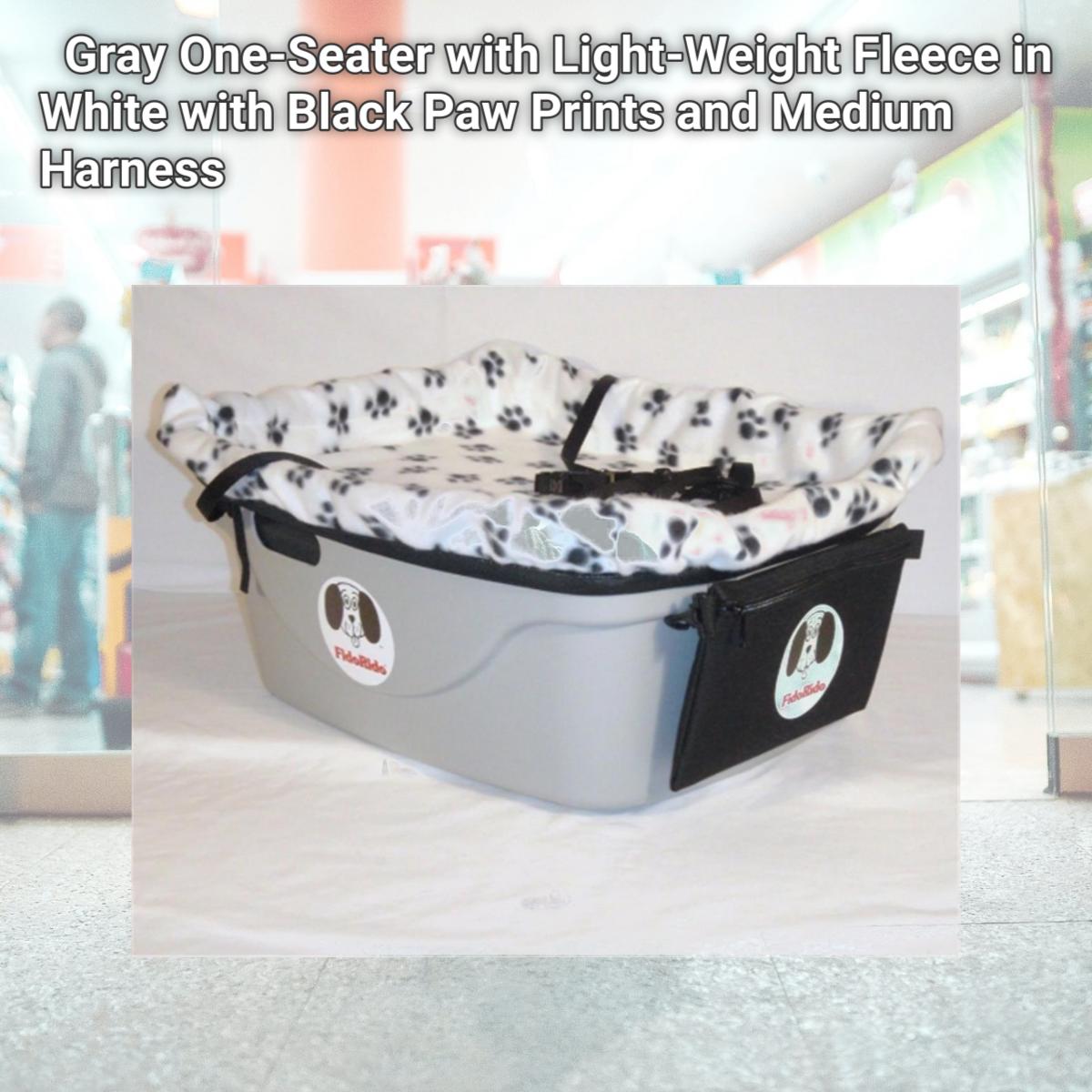Picture of FidoRido Products FRG1WB-M Gray One-Seater with Light-Weight Fleece in White with Black Paw Prints and Medium Harness