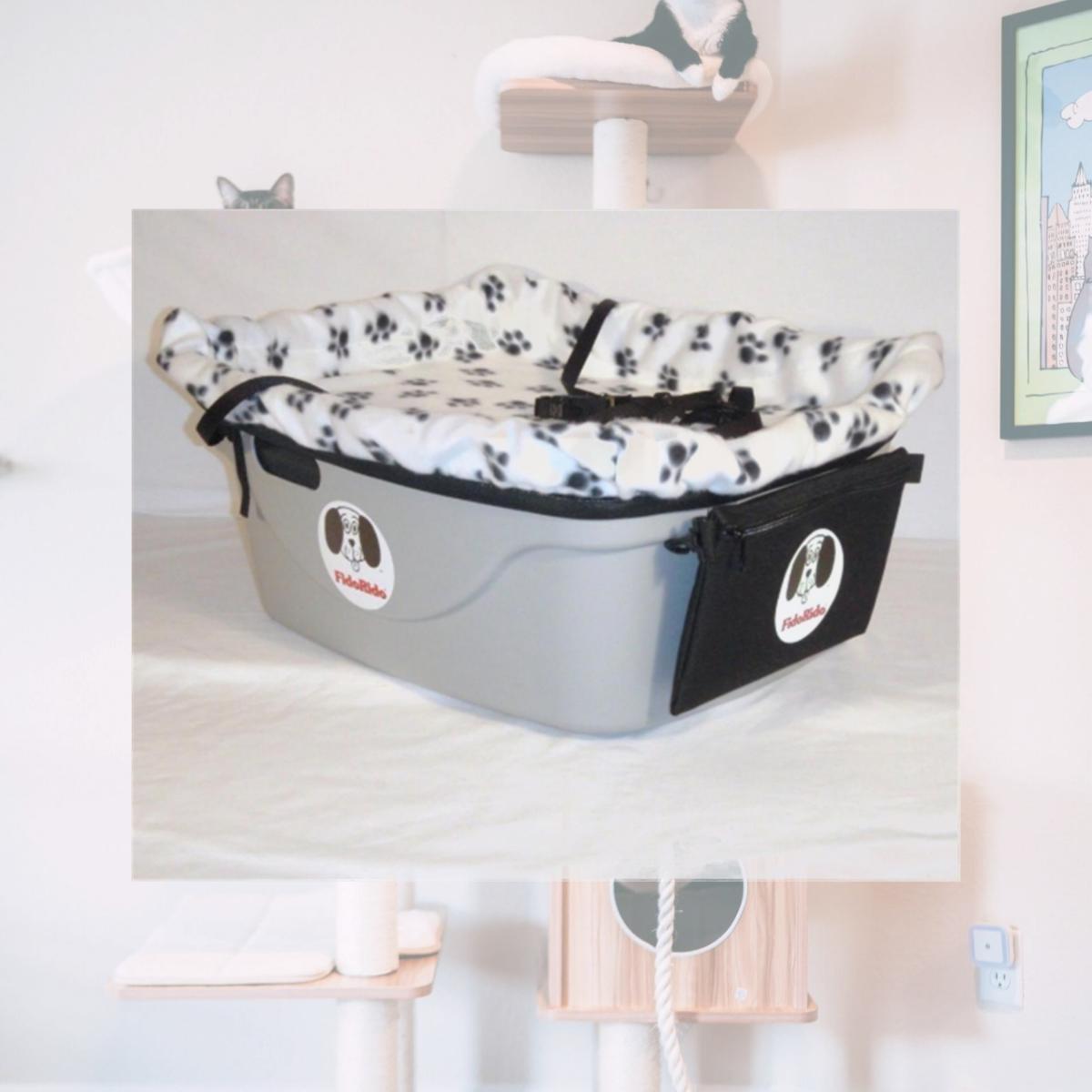 Picture of FidoRido Products FRG1WB-M Gray One-Seater with Light-Weight Fleece in White with Black Paw Prints and Medium Harness