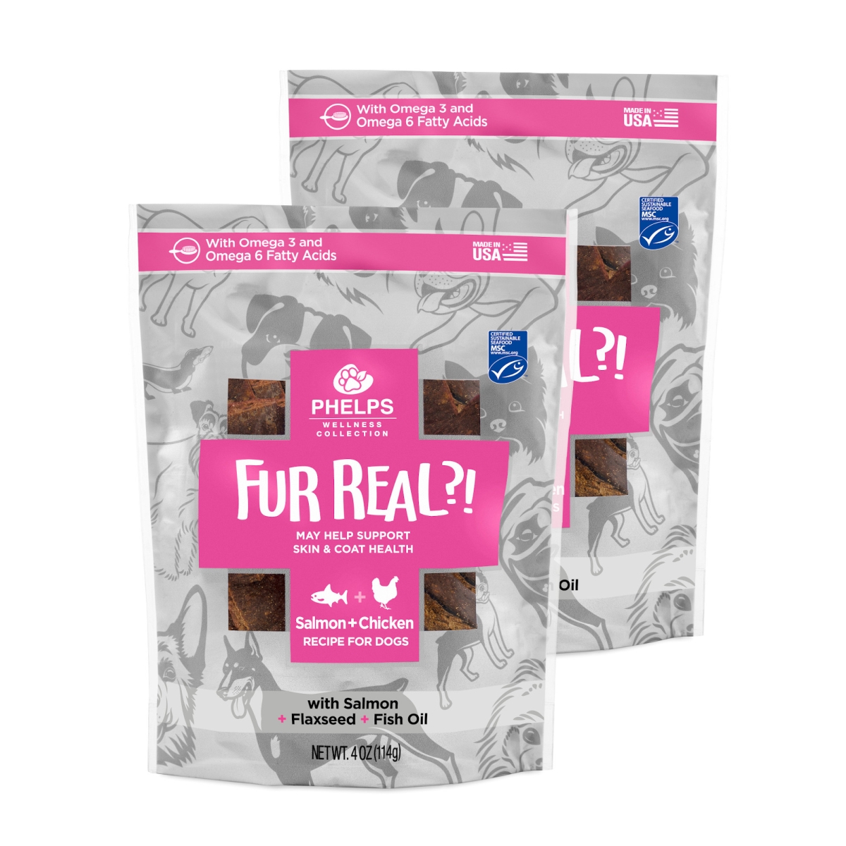 Picture of Phelps Pet Products 192959811445 4.5 oz Wellness Collection Fur Real Skin & Coat Salmon & Chicken Recipe Dog Treats - Pack of 2