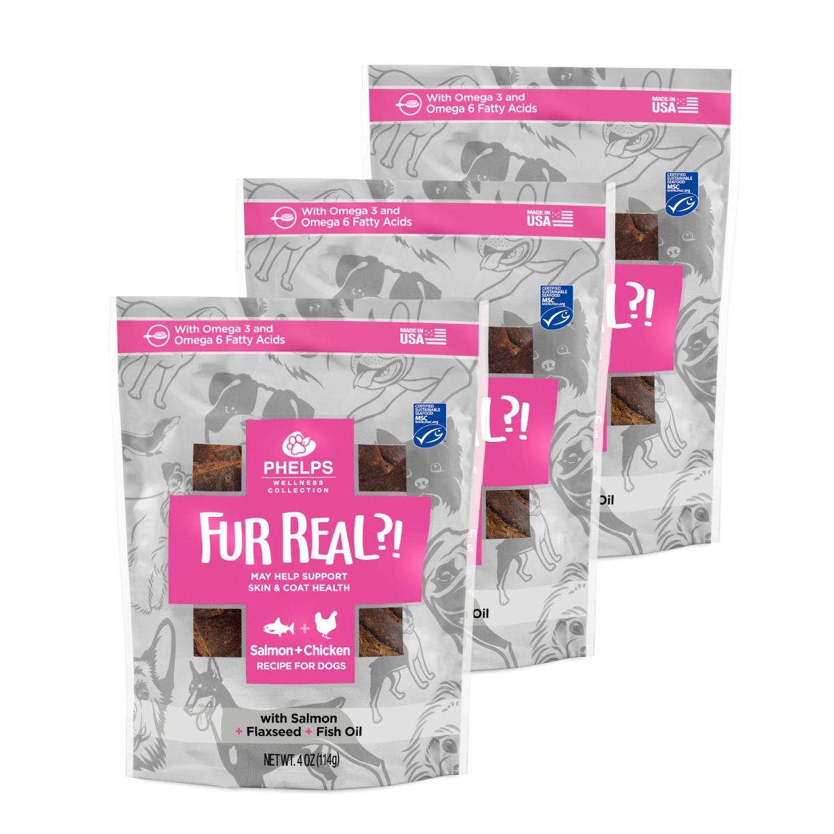 Picture of Phelps Pet Products 192959811452 4.5 oz Wellness Collection Fur Real Skin & Coat Salmon & Chicken Recipe Dog Treats - Pack of 3