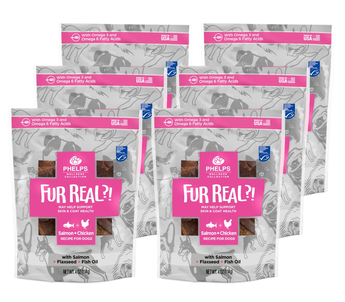 Picture of Phelps Pet Products 192959811469 4.5 oz Wellness Collection Fur Real Skin & Coat Salmon & Chicken Recipe Dog Treats - Pack of 6