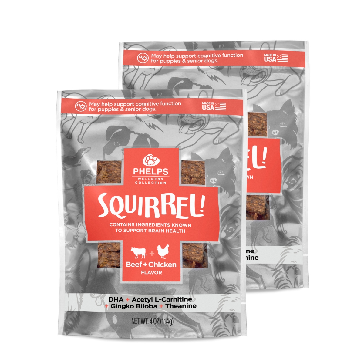 Picture of Phelps Pet Products 192959811568 4.5 oz Wellness Collection Squirrel Attention Focusing Beef & Chicken Flavor Dog Treats - Pack of 2